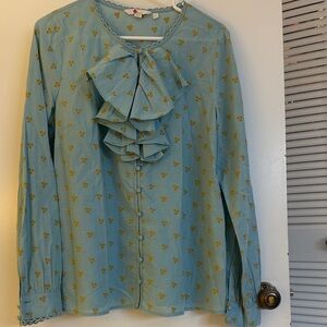 Boden Light Blue Button Front Top with Yellow Floral Embroidery